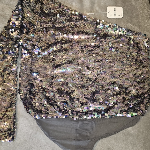Free People One Night Only Bodysuit Sequin Grey - Picture 3 of 4